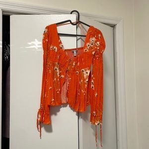 Urban Outfitters Orange Floral Crepe Long Sleeve Top Size Small